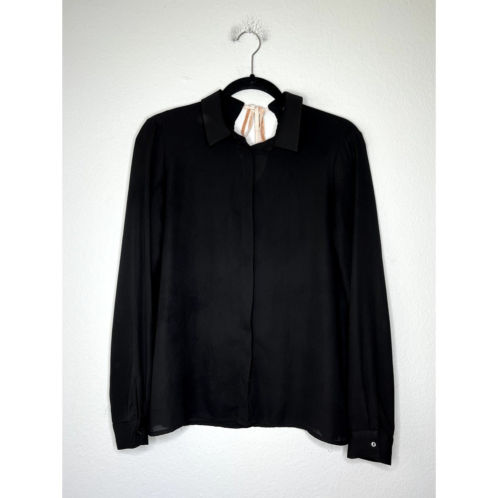 Zara Blouse S Black Basic Long Sleeve Velvet Tie Back Hidden Button Down Office